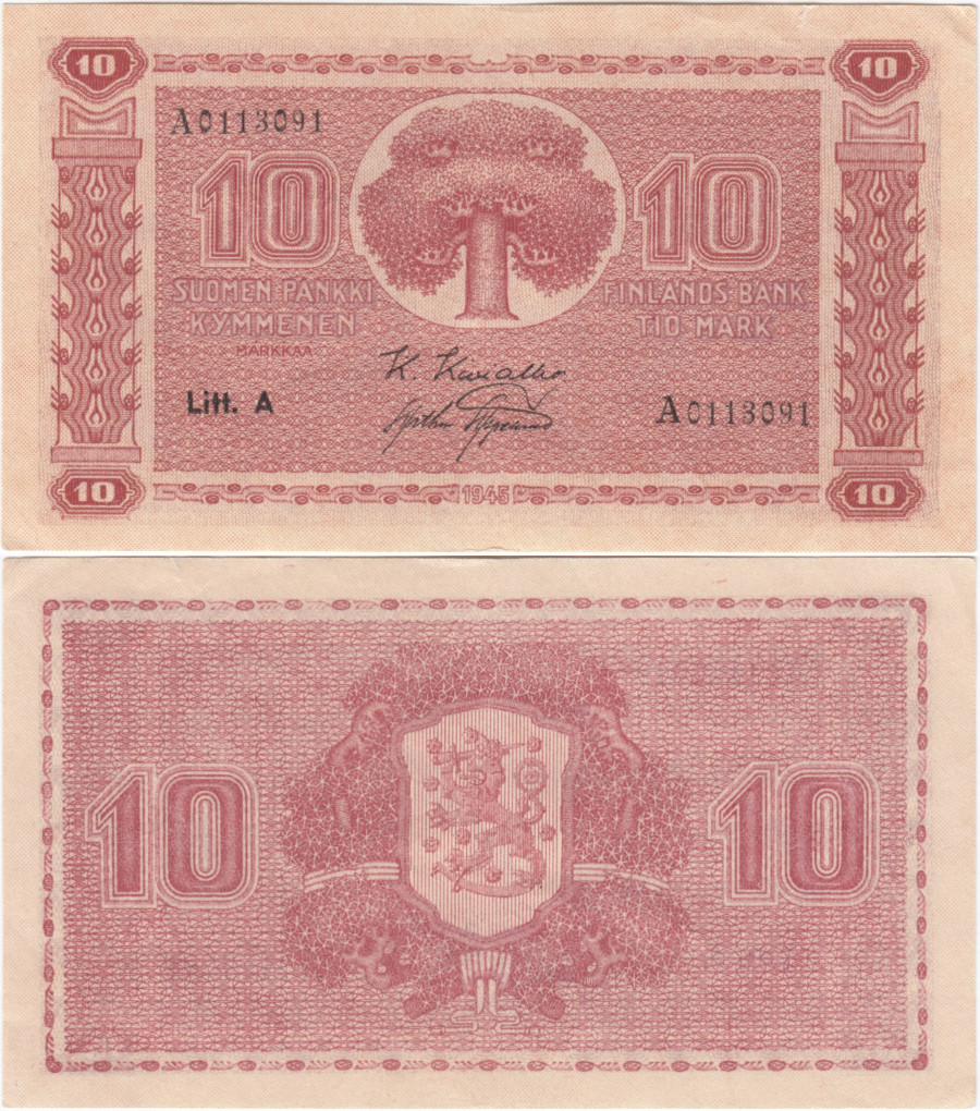 10 Markkaa 1945 Litt.A A0113091 kl.7
